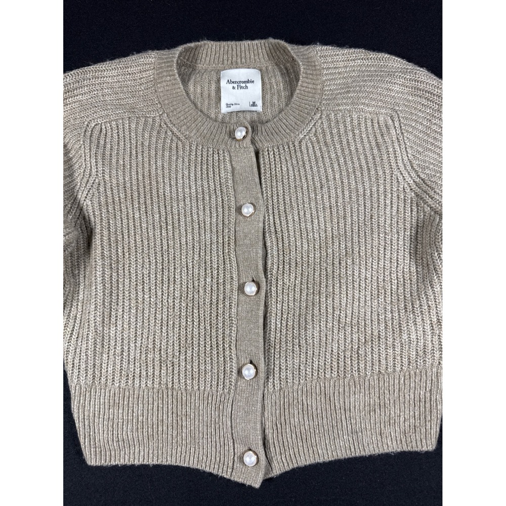 Abercrombie & Fitch Women Tan Shaker Rib Pearl Button Cropped Cardigan Sweater M